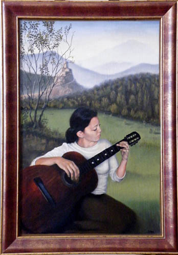 fine art oil portrait painting in landscape, girl with guitar